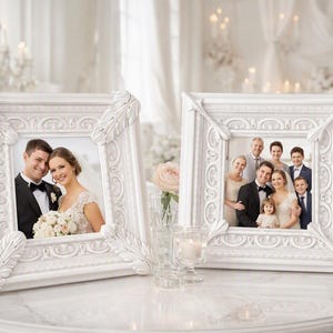 May include: Two ornate white picture frames with intricate carved leaf and scroll details. The left frame displays a photograph of a couple, while the right frame holds a photograph of a large family group. Both frames feature a thick, decorative border.