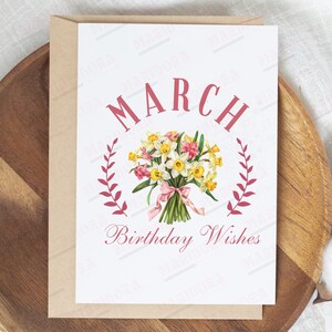 Deseos de cumpleaños de marzo tarjeta en blanco imprimible, descarga instantánea JPG PDF, tarjeta de felicitación de cumpleaños de flor de nacimiento de marzo, tarjeta imprimible de narcisos
