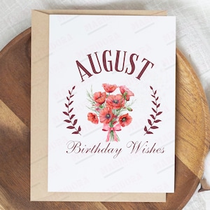 Tarjeta de deseos de cumpleaños de agosto imprimible, descarga instantánea JPG PDF, tarjeta de felicitación en blanco del día B de la flor de nacimiento de agosto, tarjeta de impresión de amapola de acuarela