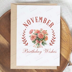 Tarjeta imprimible de deseos de cumpleaños de noviembre, descarga instantánea JPG PDF, tarjeta de felicitación en blanco del día B de la flor de nacimiento de noviembre, tarjeta de impresión de crisantemo