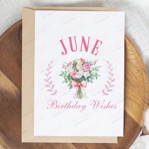 Tarjeta imprimible de deseos de cumpleaños de junio, descarga instantánea JPG PDF, tarjeta de felicitación en blanco del día B de la flor de nacimiento de junio, tarjeta de impresión de rosas de acuarela