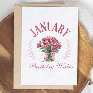 Tarjeta imprimible de deseos de cumpleaños de enero, descarga instantánea JPG PDF, tarjeta de felicitación en blanco del día B de la flor de nacimiento de enero, tarjeta de impresión de clavel