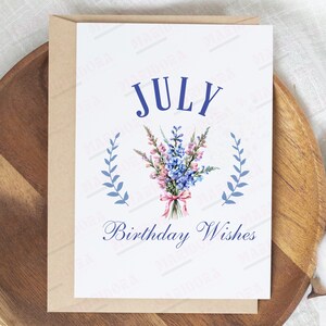 Tarjeta imprimible de deseos de cumpleaños de julio, descarga instantánea JPG PDF, tarjeta de felicitación en blanco del día B de la flor de nacimiento de julio, tarjeta impresa de acuarela Larkspur