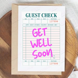 Get Well Soon Printable Card, Instant Download JPG PDF, Get Well Soon Blank Greeting Card, Guest Check Receipt Style Print Card