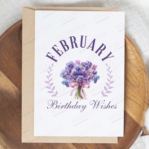 Cartão de aniversário de fevereiro para impressão, download instantâneo em JPG PDF, cartão de felicitações em branco com flores de nascimento de fevereiro, cartão para impressão de buquê de violetas em aquarela