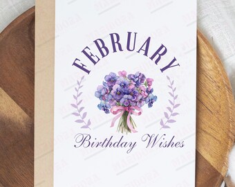 Carte d'anniversaire imprimable de février, téléchargement immédiat JPG PDF, carte de voeux vierge de fleur de naissance de février, carte d'impression de bouquet de violettes aquarelles