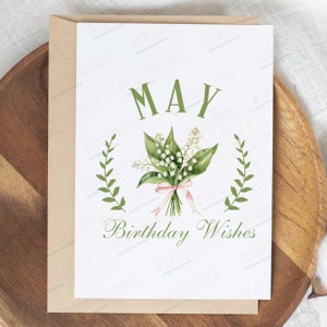 Cartão para impressão de desejos de aniversário de maio, download instantâneo JPG PDF, cartão de felicitações em branco para aniversário de flor de maio, cartão para impressão de lírio do vale