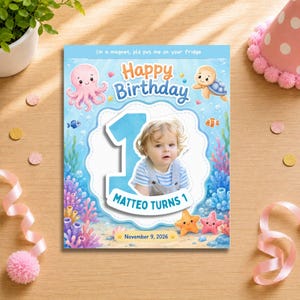 Imán fotográfico personalizado con temática marina / Recuerdo de cumpleaños con temática oceánica