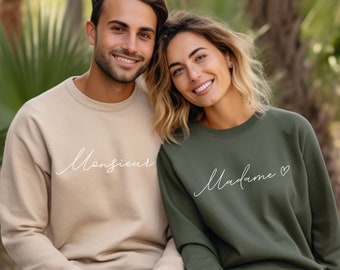 Sweatshirt Madame Monsieur Couple | Pull assorti pour mari et femme, cadeau d'anniversaire de mariage minimaliste et élégant