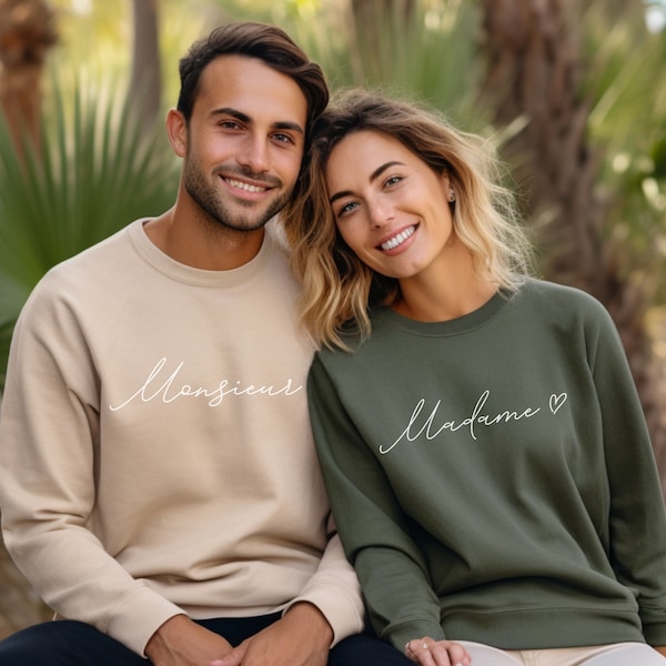 Sweatshirt Madame Monsieur Couple | Pull assorti pour mari et femme, cadeau d'anniversaire de mariage minimaliste et élégant