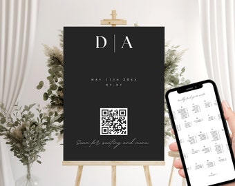 May include: Black wedding welcome sign with the initials "D.A." and the date "May 11th 20XX NY-NY". A QR code is displayed with the text "Scan for seating and menu".