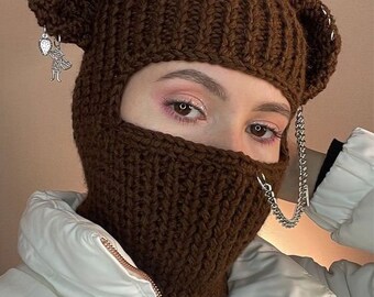 Crochet Knitted Bear Ears| Hand knitted Crochet Bear Ears Beanie| Baclava bear ear| Beanie Winter Ski Mask| Teddy bear balaclava mask|Helmet