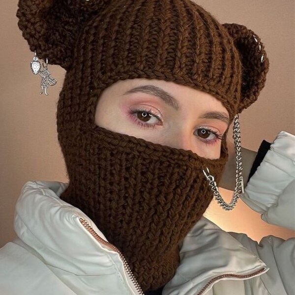 Crochet Knitted Bear Ears| Hand knitted Crochet Bear Ears Beanie| Baclava bear ear| Beanie Winter Ski Mask | Teddy bear balaclava mask|Helmet