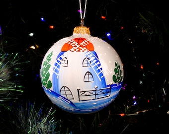 Christmas tree toy ball “Mill on white” 10 cm