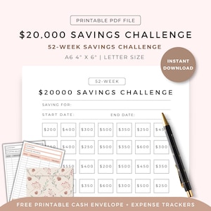 20,000 Savings Challenge | 20k Savings Challenge | 52 Week Savings Challenge | Printable Savings Tracker | 20k Challenge | Money Challenge