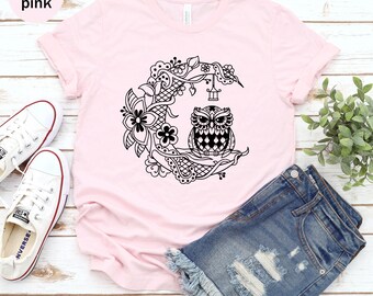 Floral Owl Moon Unisex T-shirt, Plant Lover Shirt, Wild Flower Tee, Owl Lover Shirt, Natural Tee, Moon Owl Shirt