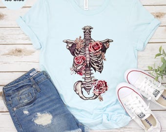 Floral Skull Body Unisex T-shirt, Boho Shirt, Beach shirt, Summer Shirt, Birthday Gift, Skeleton Shirt, Shirt for Women