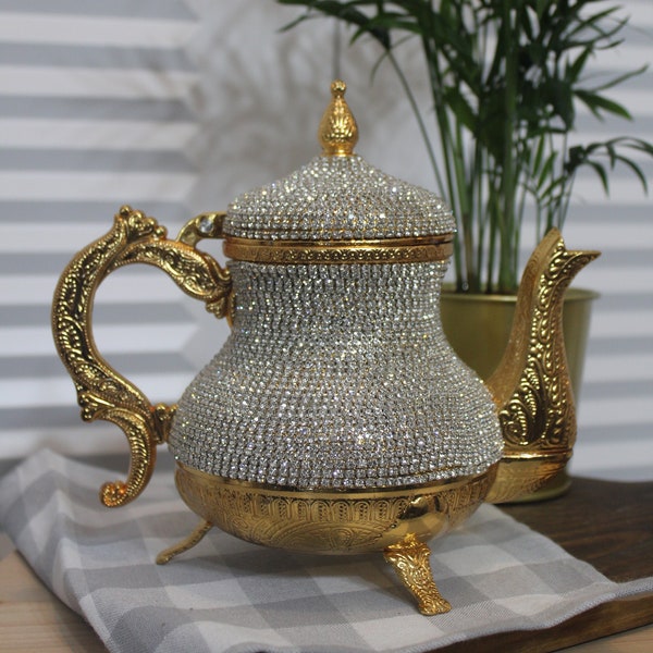 Crystal Stone Coated Teapot -Decorative Home Decor & Gift - Turkish Teapot - Arabic Teapot - Swarovski Crystal - Gold