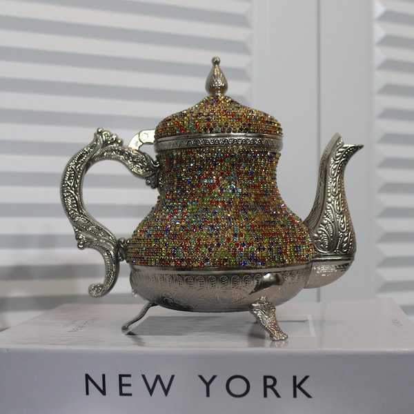 Colored Crystal Stone Coated Teapot -Decorative Home Decor & Gift - Turkish Teapot - Arabic Teapot - Swarovski Crystal - Silver