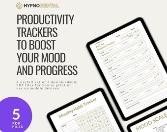 Może przedstawiać: Zestaw pięciu drukowanych trackerów produktywności, aby zwiększyć nastrój i postępy. Trackery obejmują miesięczny tracker nawyków, tracker postępów aktywności i skalę nastroju. Trackery zostały zaprojektowane, aby pomóc Ci pozostać na dobrej drodze do osiągnięcia swoich celów i poprawić ogólne samopoczucie.