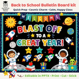 May include: Back to School Bulletin Board kit with a space theme. The black background features rockets, planets, stars, and the words "WELCOME" and "BLAST OFF TO A GREAT YEAR!" Two astronauts and a friendly alien are also included.