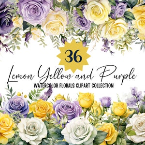 Coleção de clipart de flores amarelo-limão e roxas, gráficos de flores em aquarela para convites de casamento, artesanato faça você mesmo e scrapbooking