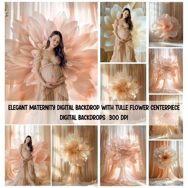 Chic Maternity Photo Backdrop - Digital Tulle Fabric with Floral Centerpiece Design - Elegant Pregnancy Shoot Background