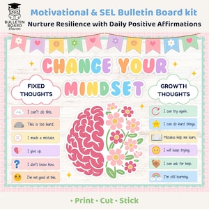 May include: A bulletin board kit featuring the text CHANGE YOUR MINDSET, with a central brain graphic half-pink and half-floral. It includes two columns labeled FIXED THOUGHTS and GROWTH THOUGHTS with corresponding icons and phrases like I can try again.