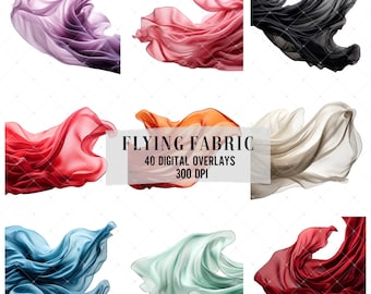 May include: A set of 40 digital overlays featuring flowing fabric in various colours, including red, orange, yellow, green, blue, purple, black, and white. The overlays are 300 DPI and can be used for design projects, photo editing, and more.