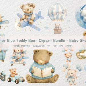 Lot de cliparts bleu aquarelle ours en peluche - décorations de baby shower pour garçon