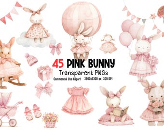 Watercolor Pink Bunny Clipart Bundle 45 Baby Girl Rabbit PNG Files