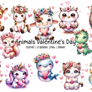 Watercolor Cute Animal Clipart, 17 PNG Valentines Day Clipart,  Romantic Animal, Valentine Animals Love Clipart, Commercial Use