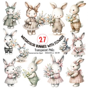 27 PNG Bunny clipart, aquarel konijntjes met bloemen clipart, schattige Bunny clipart, lente konijntjes clipart, bloemen clipart, commercieel gebruik