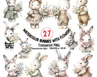Watercolor Bunny Clipart: 27 PNG Floral Spring Designs