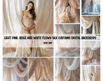 Silk Curtains Luxurious, Digital Backdrop Elegant, Flowy Drapes, Light Pink Chic, Soft White, Warm Beige, maternity Photoshop Overlays