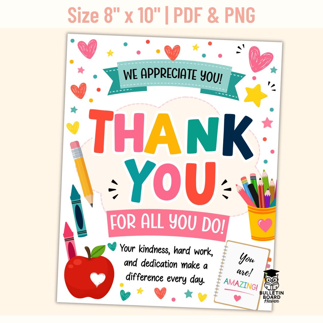Appreciation Sign for Teacher Thank You and Colorful Staff Recognition ...