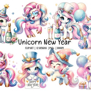 Gelukkig Nieuwjaar Unicorn Clipart, Gelukkig Nieuwjaar, Unicorn png graphics, transparante achtergrond, Rainbow Unicorn Clipart