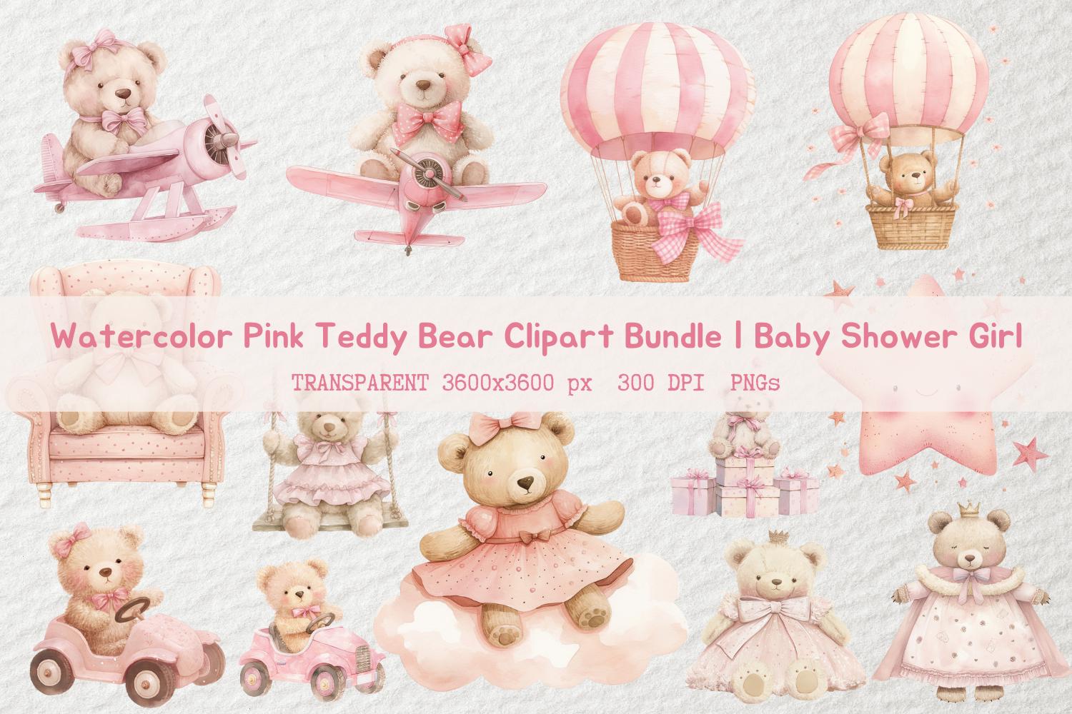 Watercolor Pink Teddy Bear Clipart Bundle | Baby Shower Girl ...