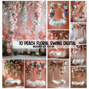 Peach Floral Swing Digital Backdrop for Photography - Enchanting Garden Theme Photo Background, Photoshop bvackdrop