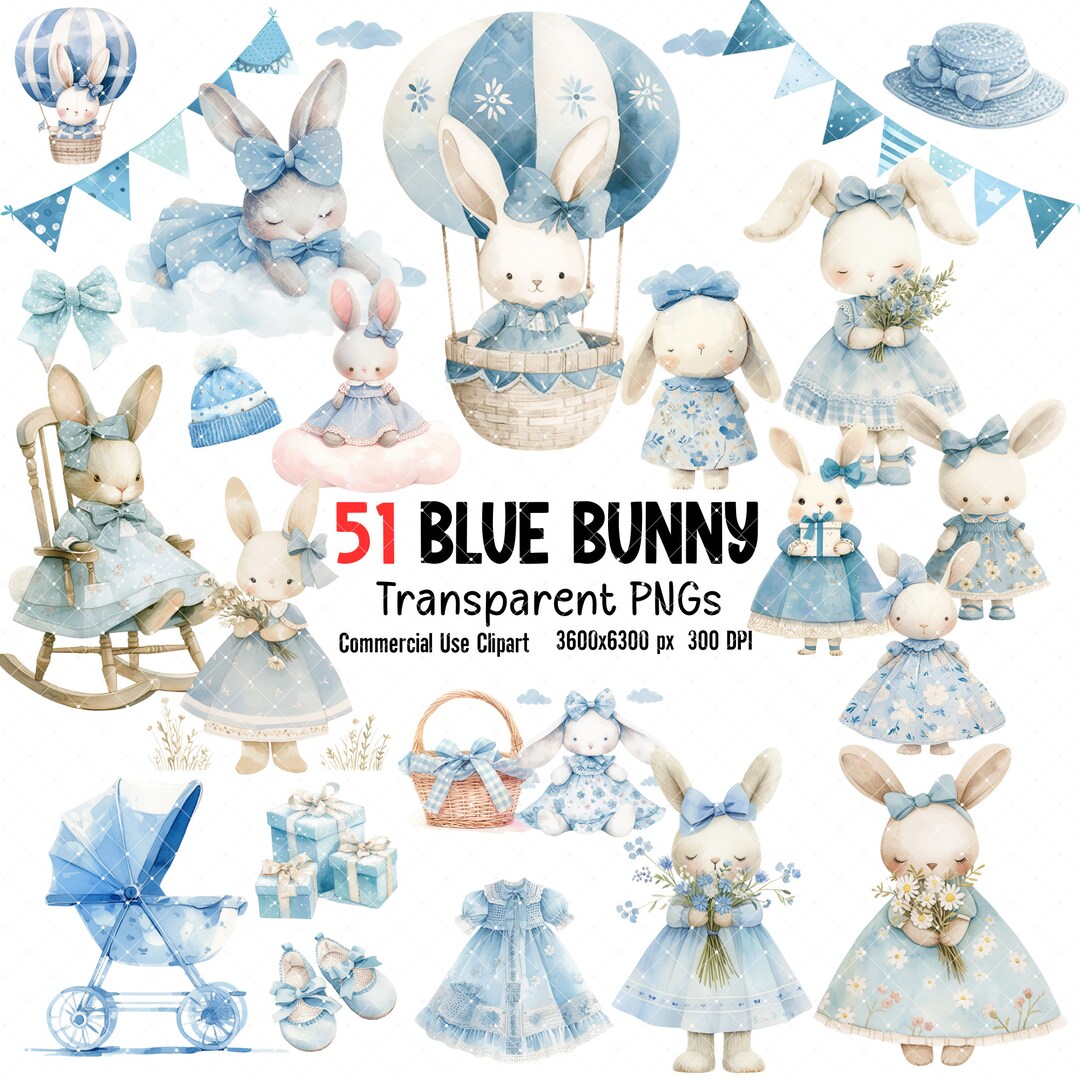Watercolor Blue Bunny Clipart Bundle: Baby Girl Shower (pngs) - Etsy