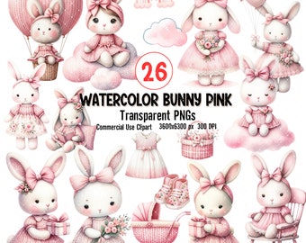 Può includere: Un set di 26 illustrazioni ad acquerello con coniglietti rosa in varie pose e abiti. Le illustrazioni includono coniglietti che tengono fiori, indossano vestiti, siedono su nuvole e vanno in giro in passeggino. Le illustrazioni sono perfette per aggiungere un tocco di fantasia a qualsiasi progetto.
