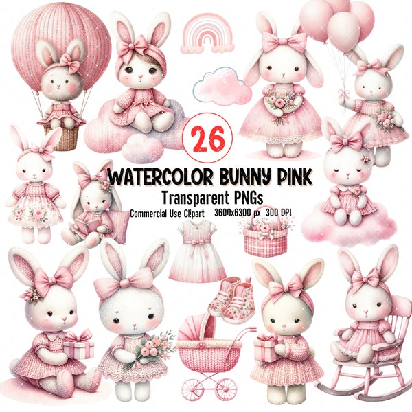 26 PNGs Pink Rabbit Clipart,Watercolor Bunny Clipart Bundle Baby Shower for a girl, Commercial use, Transparent PNGs