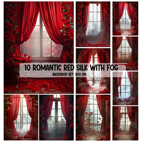 Enchanted Romantic Red Silk & Fog Digital Backdrops for Dreamy Photography, Fine Art Textures Photoshop Overlays