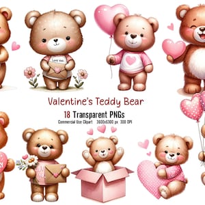 Clipart dell'orsacchiotto di San Valentino dell'acquerello, 18 clipart di San Valentino PNG, clipart dell'orsacchiotto di San Valentino, uso commerciale