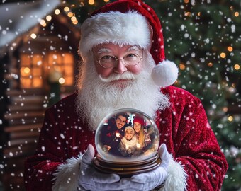 May include: Santa Claus holding a snow globe with a family inside. The snow globe is clear glass with a white base. The family is smiling and holding sparklers. The snow globe is surrounded by a white, fluffy beard.