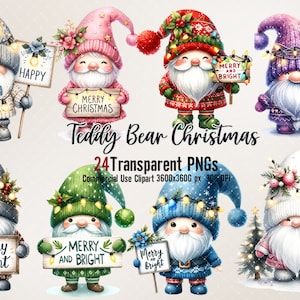 Watercolor Festive Gnomes Collection Clipart, 24 PNG Christmas Gnomes Clipart, Fantasy Clipart, Gnomes PNG, Merry Christmas, Commercial Use