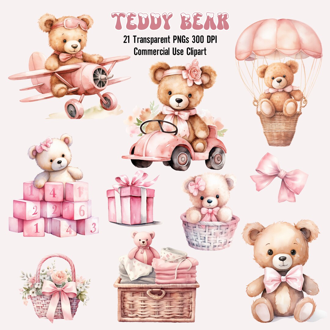 Watercolor Teddy Bear Clipart Bundle, Baby Shower for a Girl ...