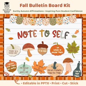 Könnte beinhalten: Ein Herbst-Pinnwand-Set mit einer Wimpelkette und Ausschnitten von Kürbissen, Pilzen, Eicheln und Blättern. Jeder Ausschnitt zeigt positive Affirmationen wie "Note to Self", "I am a good friend" und "I can do hard things".