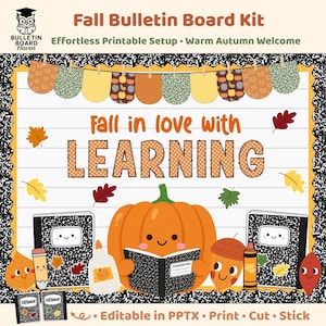 以下が含まれることがあります： 秋の掲示板キット。ペナントのガーランド、「Fall in love with LEARNING」の文字、ノートを読む中央のオレンジ色のカボチャのキャラクター、黒と白の斑点模様のノート2冊、そして秋の葉の装飾が描かれています。
