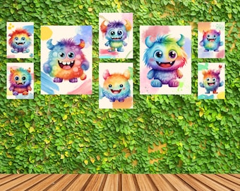 レインボーモンスターウォールアート – デジタルダウンロード（10枚セット）